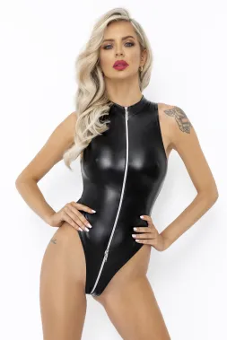 F294 Powerwetlook Bodysuit mit Frontreißverschluss schwarz