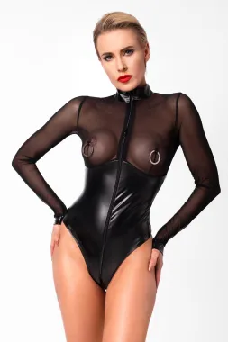 F321 Wetlook/Tüll Body mit Ringen schwarz