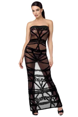 F358 langes Off-Shoulder Kleid Bondesque schwarz