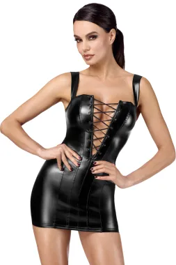 F363 Wetlook Minikleid mit Schnürung schwarz