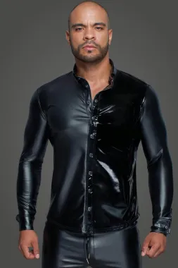 H064 Langärmliges Powerwetlook & PVC Shirt mit Knopfleiste schwarz